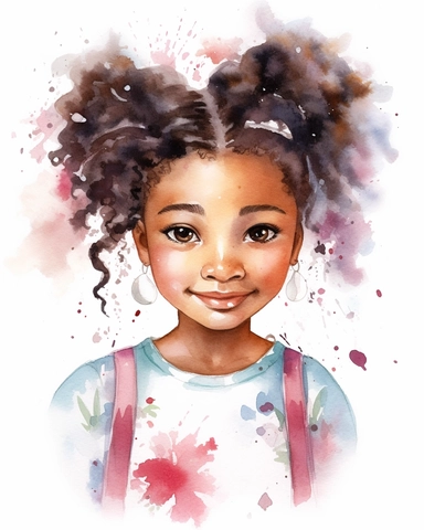 a little black girl portrait in watercolor Disney style clipart on white background, hugh eyes, sarah kay, holly hobbies, valentines day