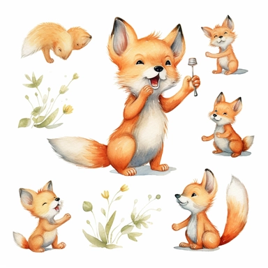 A collection of charming watercolor clipart illustrations featuring a playful baby fox in various positions, each brimming with joy and delight. Executed in a range of artistic styles, the illustrations showcase the versatility of watercolor as a medium. In one image, the baby fox is depicted frolicking on its hind legs, its front paws reaching towards the sky in pure bliss. In another, it is captured with its tail held high, exploring its surroundings with curiosity and excitement. The watercol