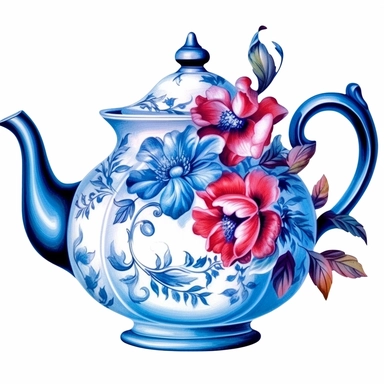 watercolor tea and flower clipart, free teapot, teapot transparent background png clipart, in the style of blue and white glaze, anaglyph effect, rococo still-lifes, feminine sticker art, colorized, illustration Clipart desert cartoon t-shirt graphic, vector,contour, isolated on a white background