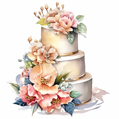 Wedding Cake Watercolor, PNG Clipart, Illustration clipart, 4K, extremely detailed Sublimation Clipart,Cartoon,hyper realistic, intricate detail, illustration style,high solution,on the white background