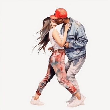 couple dancing kiss, hiphop cliparts, white background, watercolour,
