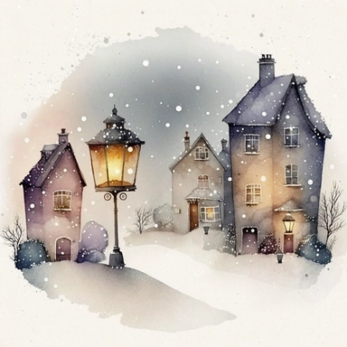 A Very very cute and Whimsical village in snow, Christmas, beautiful, street light, Christmas lights, Watercolored illustration in the style of Michael Powell, clipart, white background - Q2