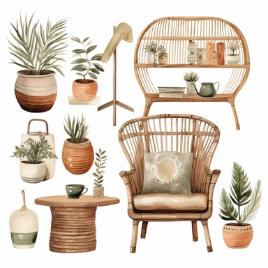 beautiful boho furniture, neutral tones, watercolor clipart, solid white background, hard edges, smooth