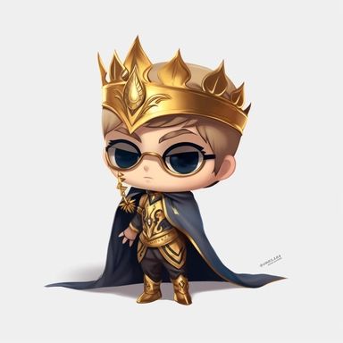 zeeb labs art style boy, super hero, tiny chibi body with gold suit, crown, Mask, smerk, super long cape, clipart, sticker, no background, hd