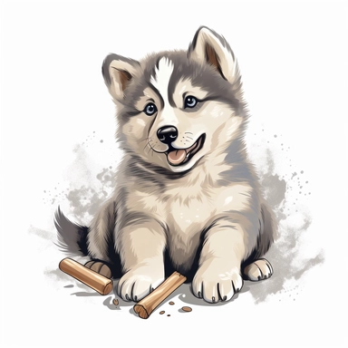Alaskan Malamute, cartoon clipart, wathercolor of art adorably puppy on white background, simple and Adorable little puppy sitting on the ground with a bone in its mouth, big eyes and a friendly expression, cleaning