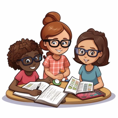 clip art three students, one is reading a book, one is doing math homework with calculator, another one shows competence
