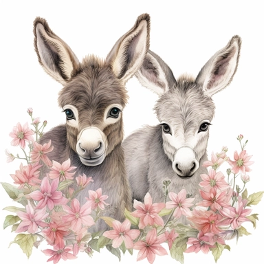 cute but realistic color pencil sketch clipart. baby donkeys, sitting in the flowers