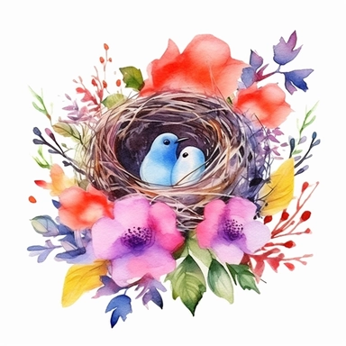 Watercolor nest Clipart, springtime, cute, Bird nest, flowers
