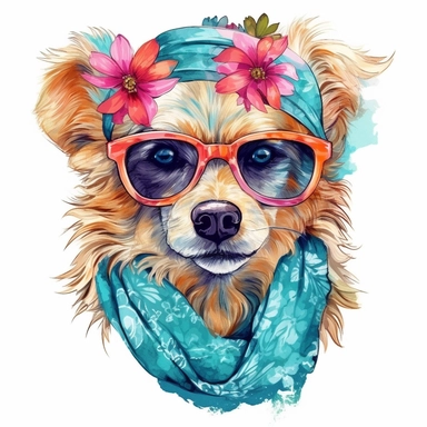 cute puppy female wearing bandana and sunglasses drawn in watercolor, vector design, cutout,Sublimation Clipart ,Cartoon,hyper realistic, intricate detail, illustration style,high solution,on the white background