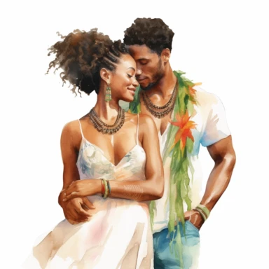 Athletic Afro-Caribbean bride and slim Indigenous groom, holding each other lovingly, serene and affectionate, watercolor, Pixar style, Clipart on a white background.