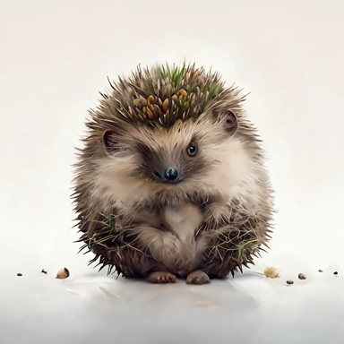Woodland fluffy hedgehog Clipart Watercolor, cute, lovely, happy, funny, friendly full body furry brown grey baby hedgehog walking, large emotive eyes, intense gaze, looking straight, watercolour, looking surprised and cute, white background, no plants, no grass, nursery clipart