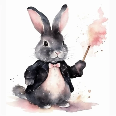 a watercolor cute bunny doing magic with magic stick in black suit clipart , soft pink