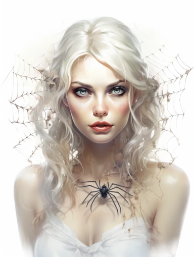 woman, spiders, sticker art, clipart png, photorealistic, watercolor, digital painting, WHITE BACKGROUND, fantasy style, realistic, painting, 8k, ultra details,