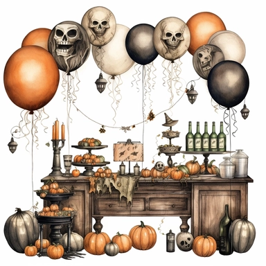 simple, vintage Halloween party decor, clipart style, color pencil technique, super high quaility, high resolution on a white
