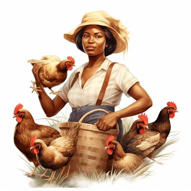illustration clipart of african american woman farming with chickens around, hyperrealistic, white background