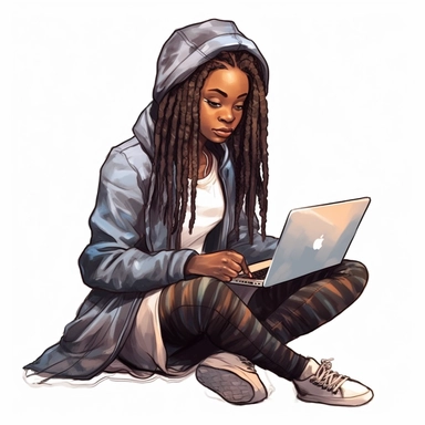 Black girl working on a laptop, cool hacker clothes, dreads, watercolor style, clipart solid white background