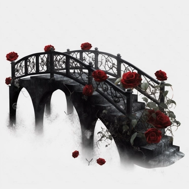 black Gothic Bridge Dark Fantasy Garden with red rose Clipart, white isolated background, space out, hd, 8k, realistic