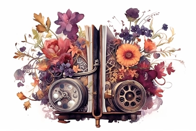 watercolour steampunk vintage floral book in dark colours clipart, hd, isolated on white background, spaced out
