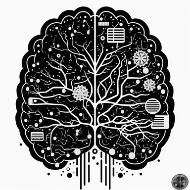 clipart of a brain which is also a computer monitor full of lines of code. Beautiful, flat, cute manga style, black and white, round image borders