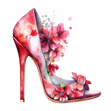 watercolor clipart of vintage pink high heel shoes, floral, color pencil drawing, nice composition, vector, outline, isolated white background, 16k
