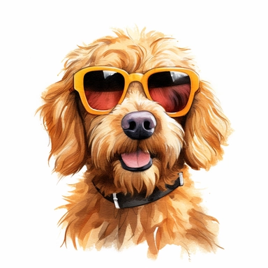 watercolor clipart image, golden doodle wearing crooked sunglasses, dog photoshoot, white background