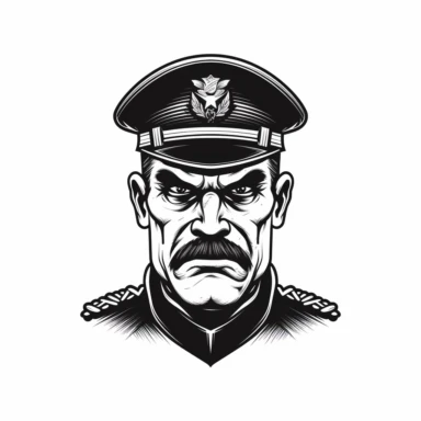 angry military officer , vintage, logo, clean, solid color, black and white color, clip art style, vector style, white background, i can't believe how cool this is