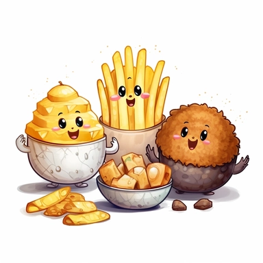 clipart. cute. white background. mashed potatoes, french fries, tator tots, and a baked potato in a line.