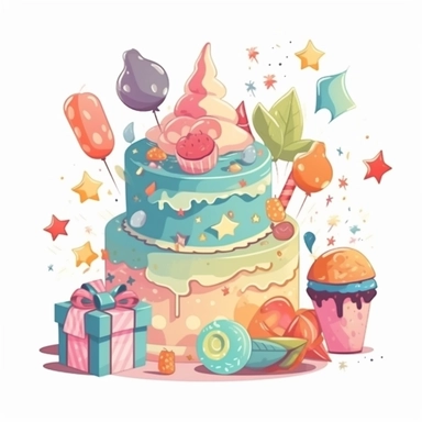 Birthday Cake With Birthday Elements Like belon,Gift Box, Star, Clipart, Vector Style, Logo design, White Background
