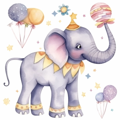 One cute decorated circus elephant clipart, style as seen on Etsy. Cartoonish appearance with exaggerated body proportions, but atomically correct limb positions and number. Perfect for decorating a baby's nursery. Varied bright pastel watercolors, loose, gestural brush strokes. Dreamy, ethereal, lively, playful. Lots of cute details, such as stars, balloons, drums, hats, flags and unicycles. Decorative patterns, like polka dots, stripes and floral designs. Enchanting, whimsical, heartwarming, t