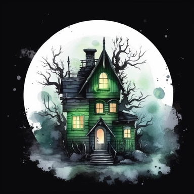 watercolor style, spooky halloween haunted house with full moon behind clipart, haunted house decorated in creepy Halloween style decor, whimsical Halloween witch house, isolated on white background, 4K, dark, night scene, green color scheme