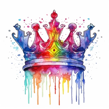 pride, rainbowcore, watercolor tattoo design of a crown color art watercolor drip in transparent overlay, in the style of vibrant spectrum colors, white background, color gradients, chalk art, whimsical yet eerie animal symbolism, vibrant murals, hand-coloring watercolor clipart, white background