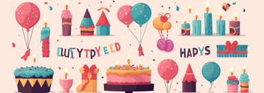 Happy birthday elements. Greeting lettering cake balloons and candle birthday greeting card decoration design vector illustration icons set. Greeting celebrate label birthday celebration logo. Clipart
