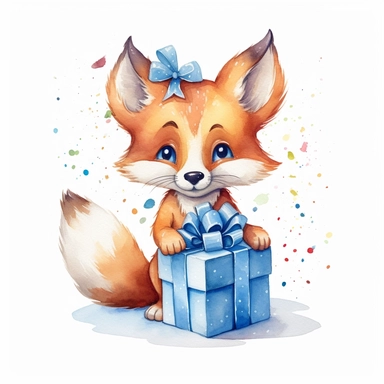 A Cute fox holding birthday present, disney style, clip art, handpaint, watercolor art style, white background