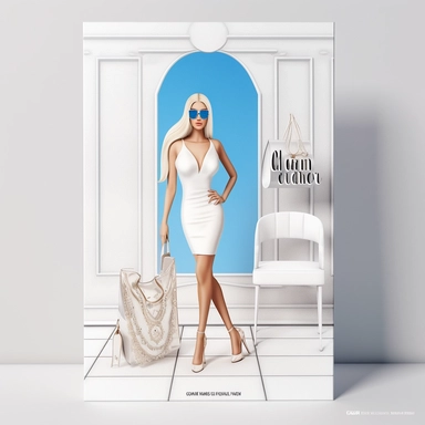 full view, clipart illustration, beautiful blonde lady posing dressed in white bodycon dress, standing in beautiful room with designer clothes on clothes rack and shopping bag, sharp focus, high detail, 8k, photo realistic, transparent background, (--iw 5)