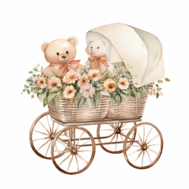 clipart, cute, boho, simple, clean watercolor, baby trolley with vintage bears inside, hand painted