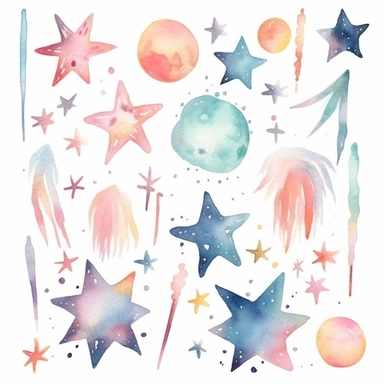 watercolor illustration clipart, cartoon, different stars and shooting stars, white background, Soft pastel colors