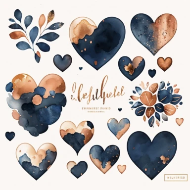 watercolor heart shapes, clipart collection, copper and navy tones, on white background