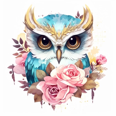 Cute Owl with gold rose clipart, in the style of pink and aquamarine, feminine portraiture, sparklecore, chinese painting, floral explosions, flickr, whimsical cartoon-style, white background, sticker