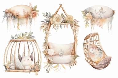 create a baby nursery watercolor clipart set of boho items. Zen baby in swing crib Boho style images beautifully and intricately detailed on a white background.