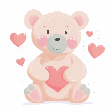 teddy bear with hearts clipart, vector cartoon nursery illustration, flat illustration, pastel colors, white background, very low detail, ar 2:3