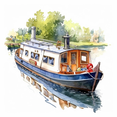watercolour, pretty canal boat, detailed, summer time, clipart, white background