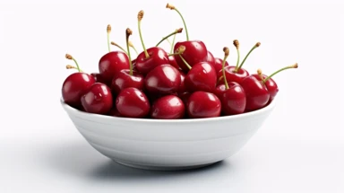 a bowl of luscious cherries on white background. Clipart photo-realistic, ultra sharp, simplicity, higher coherence, minimalism, ultra detailed, hyper realistic details, beautiful, modern, OC rendered, 32k uhd , insane details, intricate details, Photoshoot, Depth of Field, captured with Phase One XF IQ4 camera , 200 Mega Pixel lens,
