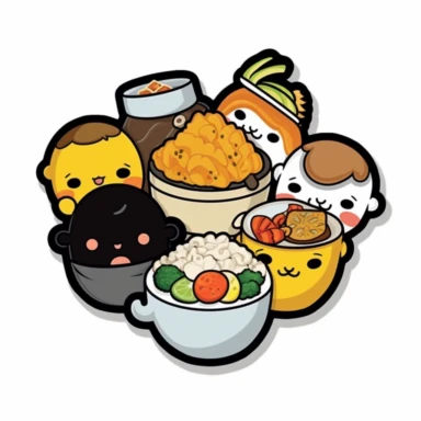 a set of black line clipart inspired by ramen and stickers and Lego and Funko Pop toys