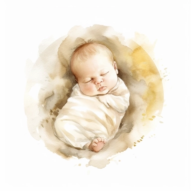 cute watercolor newborn soft beige sleeping baby in crible, watercolor effect, isolated white background, babyshower clipart, soft white tones