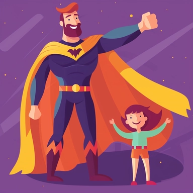 Design an engaging Father's Day clipart featuring a dad dressed as a superhero. The dad should be standing in a confident superhero pose, perhaps with a cape flowing behind him, and the child looking up to him admiringly. Try to incorporate bright, bold colors to highlight the fun and uplifting theme. The dad's superhero costume should have a 'Super Dad' logo on it. The scene should convey the idea that to his child, this dad is a real-life superhero. Make sure the illustration is high-resolutio