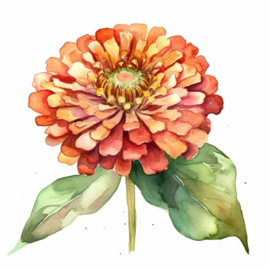 Design a watercolor clipart illustration of a single zinnia flower, using the Michelangelo-inspired Watercolor Haven style on a white background. Focus on the rich color palette, intricate details, and the beauty of the zinnia's petals and leaves, perfect for various creative projects.
