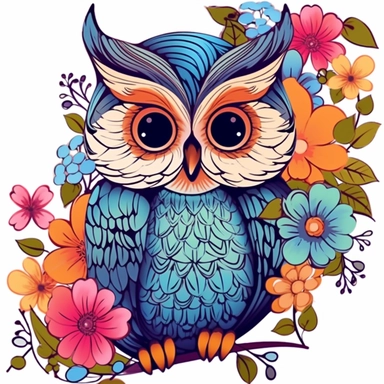Imagine a captivating clip art illustration featuring a vibrant owl adorned with colorful flowers. The owl is the focal point of the composition, depicted in a vibrant and eye-catching style. Its feathers are filled with bright and bold colors, such as shades of blues, purples, greens, or any other lively hues that you prefer. The owl's eyes can be large and expressive, capturing attention and adding a touch of charm. Perched on a branch, the owl is surrounded by a variety of beautiful flowers. 