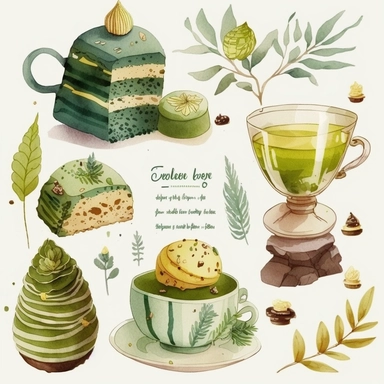 Draw a set of cartoon - style watercolor illustrations of a forest - themed afternoon tea in shades of green and yellow. The images should have a elegant, refined, and sweet aesthetic, incorporating elements such as plant - scented desserts, teas, and other culinary items such as macarons, scones, and a teapot. Individual images cliparts