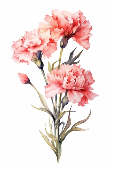 watercolor bunch of carnation flowers, hand painted style, isolated on a white background, clipart, hd