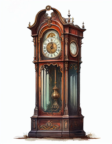 detailed watercolor vintage grandfather clock, realistic, isolated on white backgorund, clipart